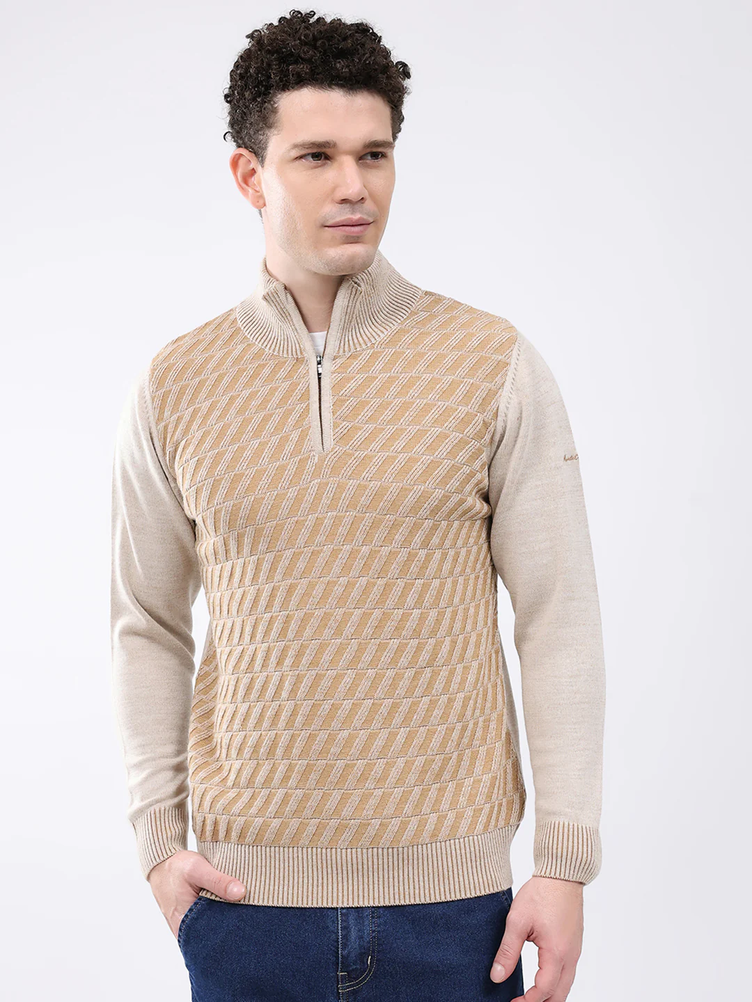 Men Brown Self Design Mock Neck Full Sleeve Pullover - Image 6