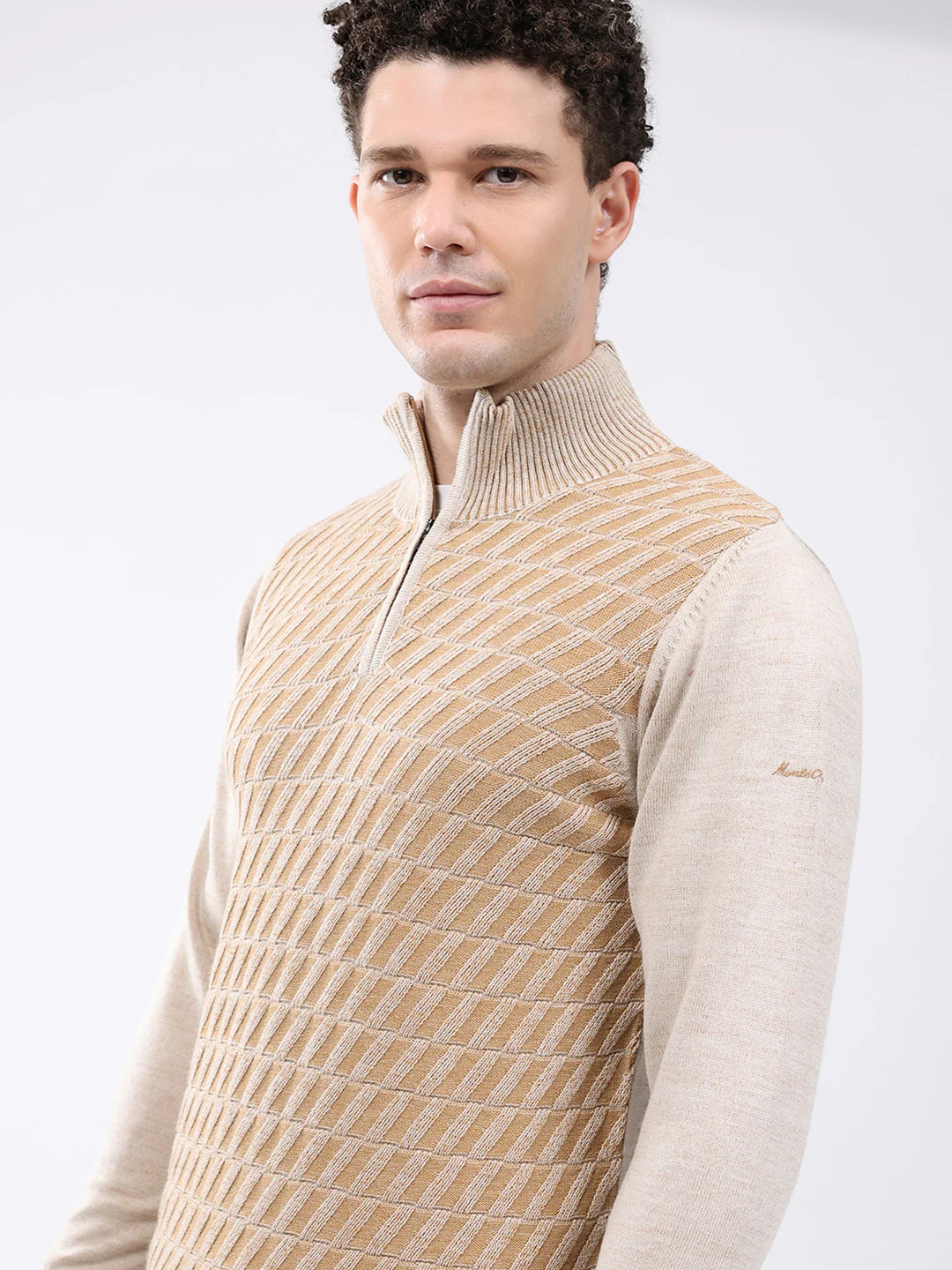 Men Brown Self Design Mock Neck Full Sleeve Pullover - Image 7