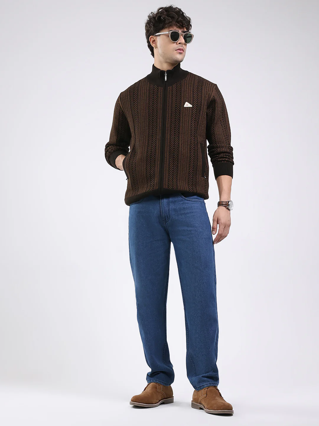 Men Brown Self Design Mock Neck Full Sleeve Pullover - Image 2