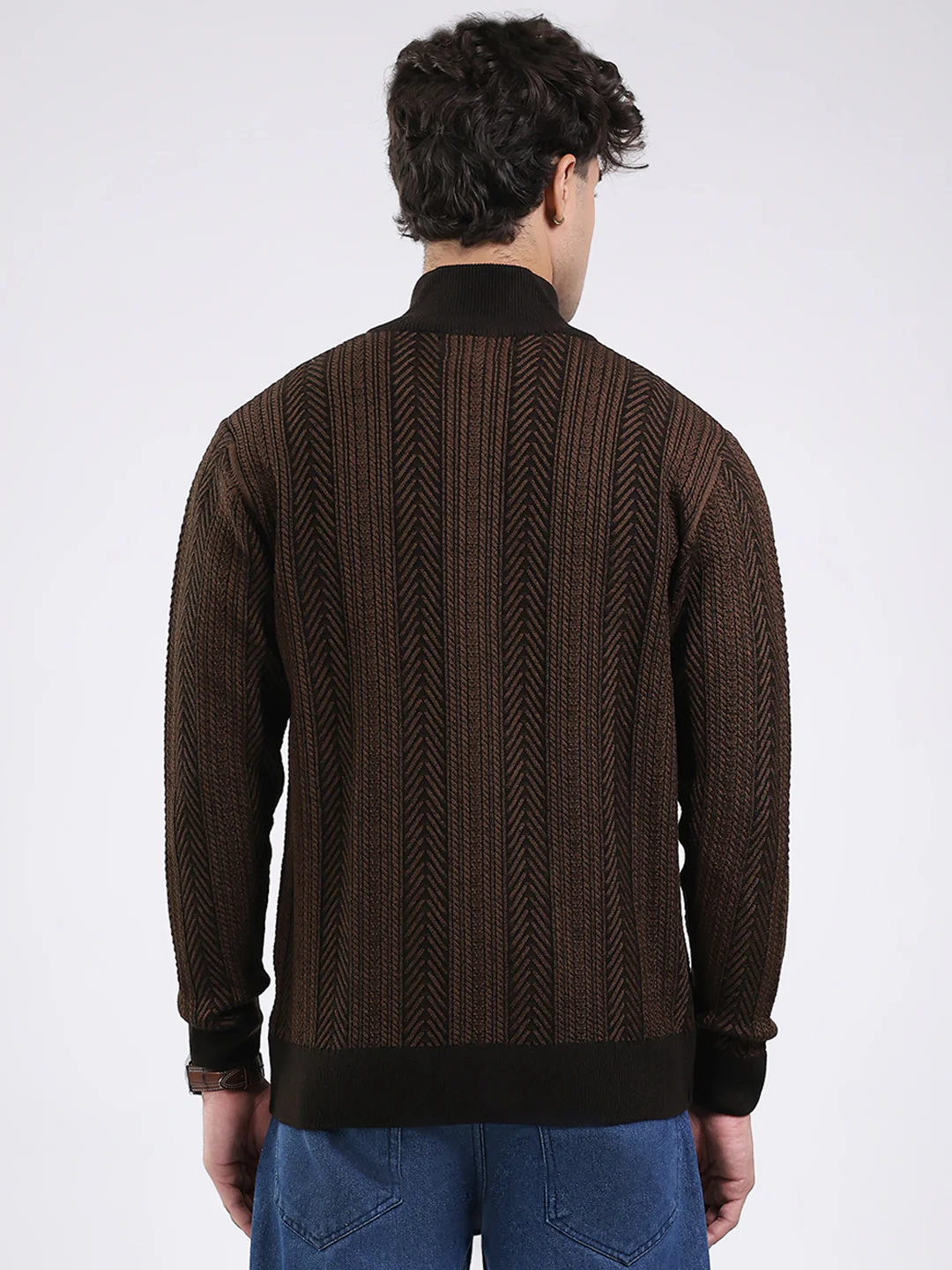 Men Brown Self Design Mock Neck Full Sleeve Pullover - Image 5