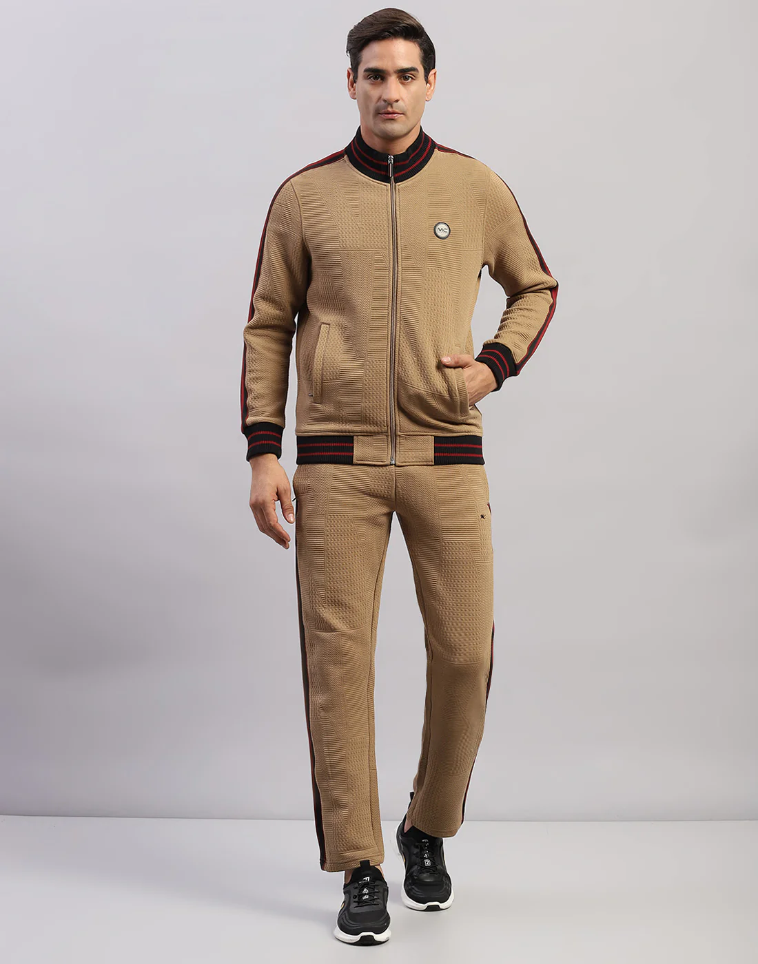 Men Brown Self Design Mock Neck Full Sleeve Winter Tracksuit - Image 2