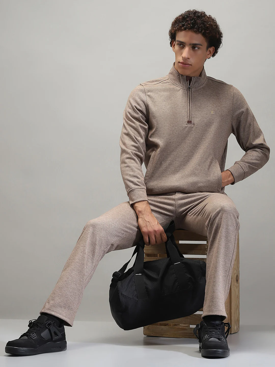 Men Brown Self Design Mock Neck Full Sleeve Winter Tracksuit - Image 2