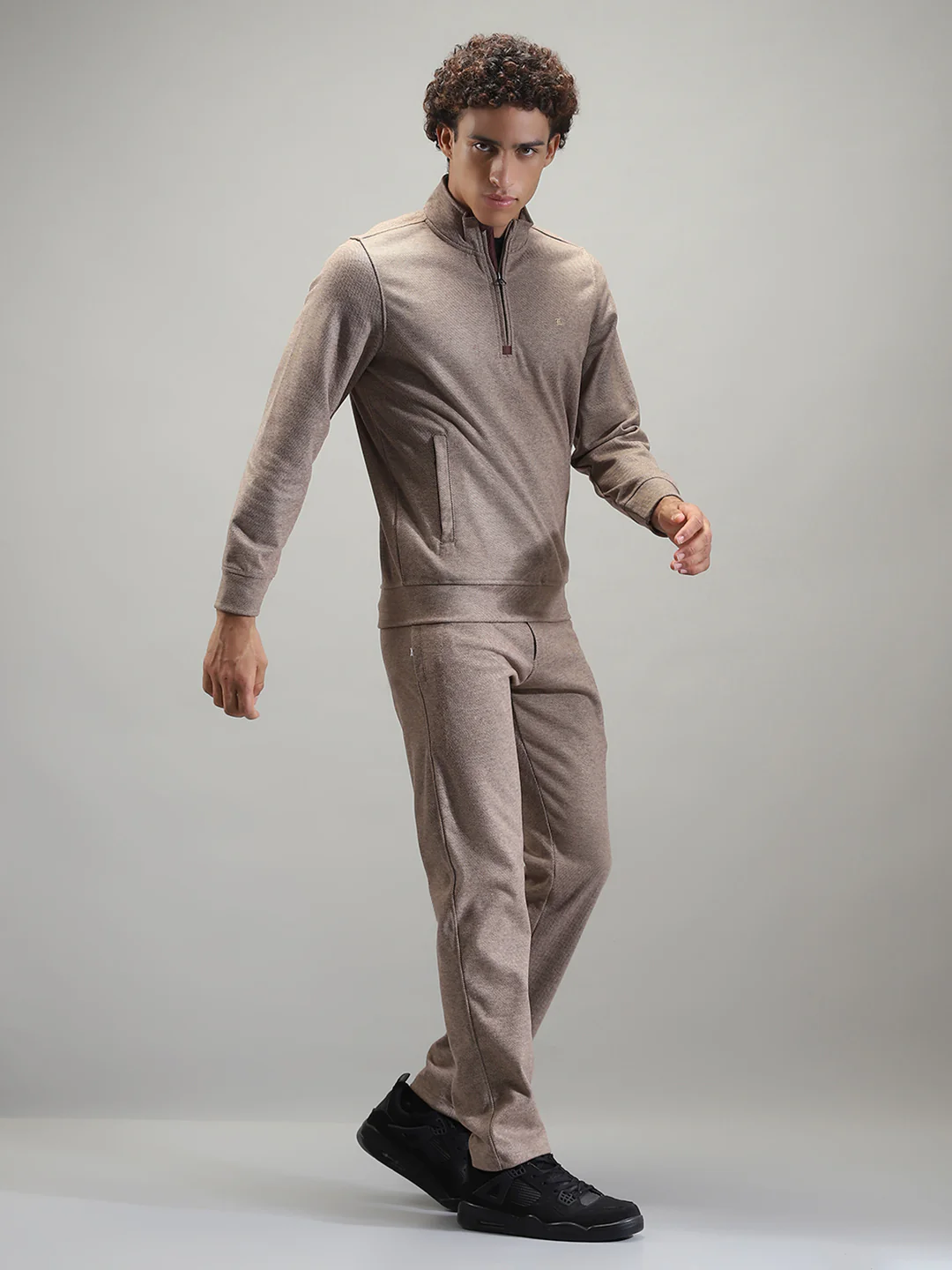 Men Brown Self Design Mock Neck Full Sleeve Winter Tracksuit - Image 4