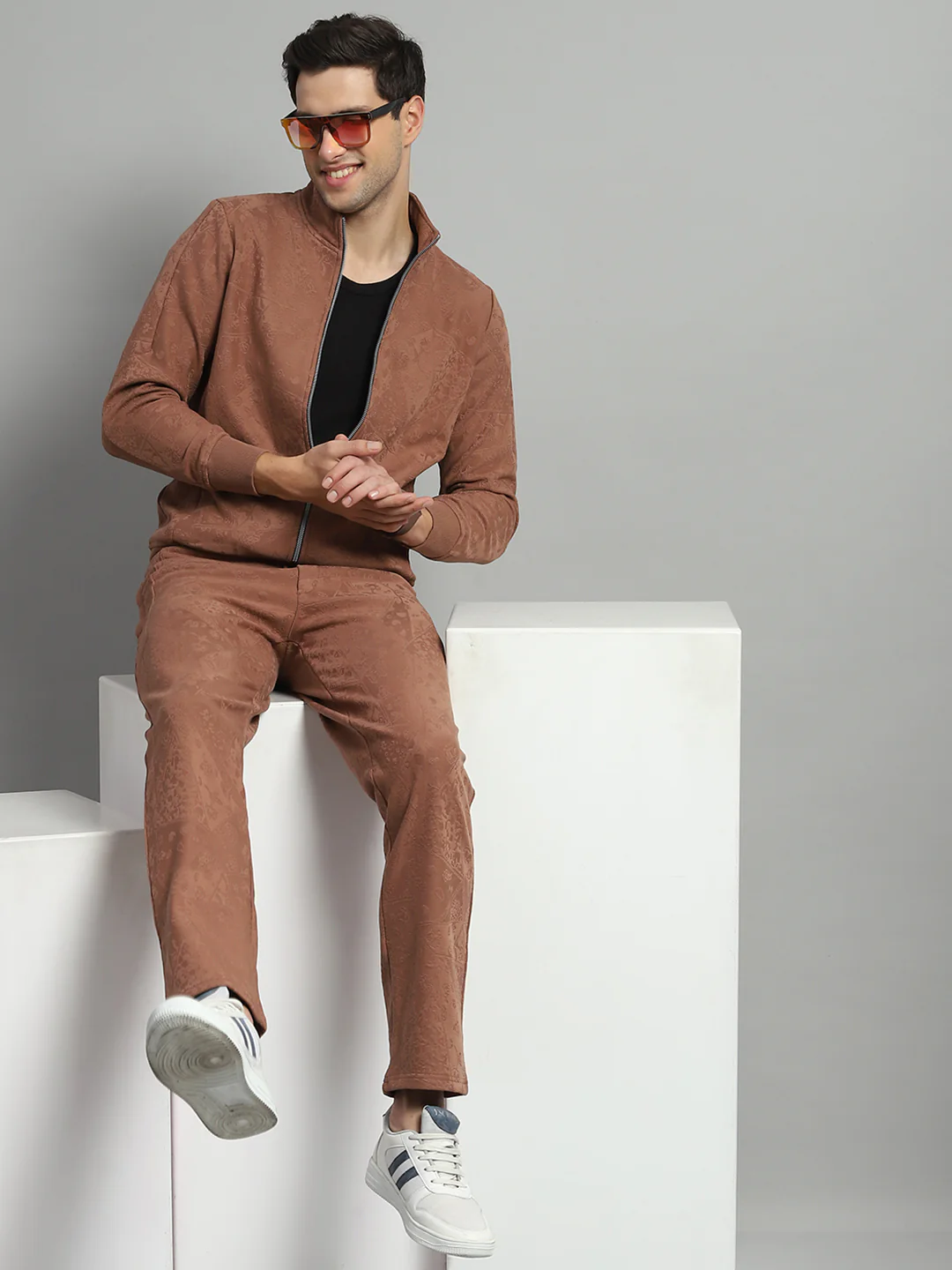 Luxuria Men Brown Self Design Mock Neck Full Sleeve Winter Tracksuit - Image 2