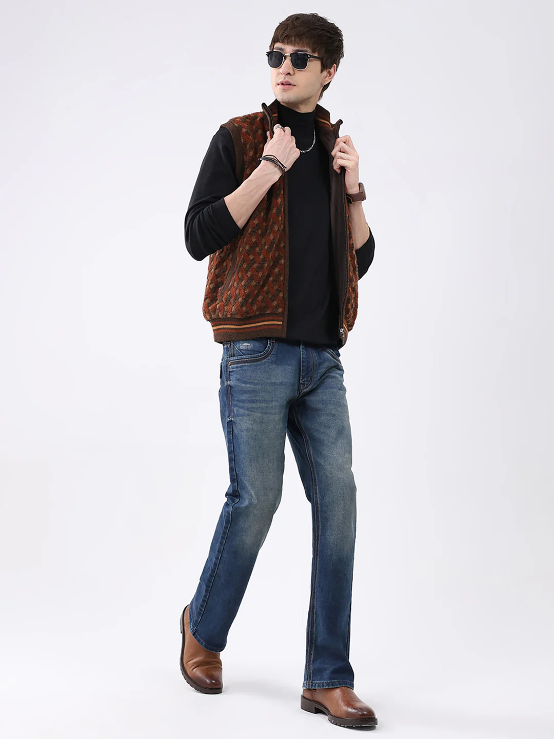 Men Brown Self Design Mock Neck Sleeveless Jacket - Image 2