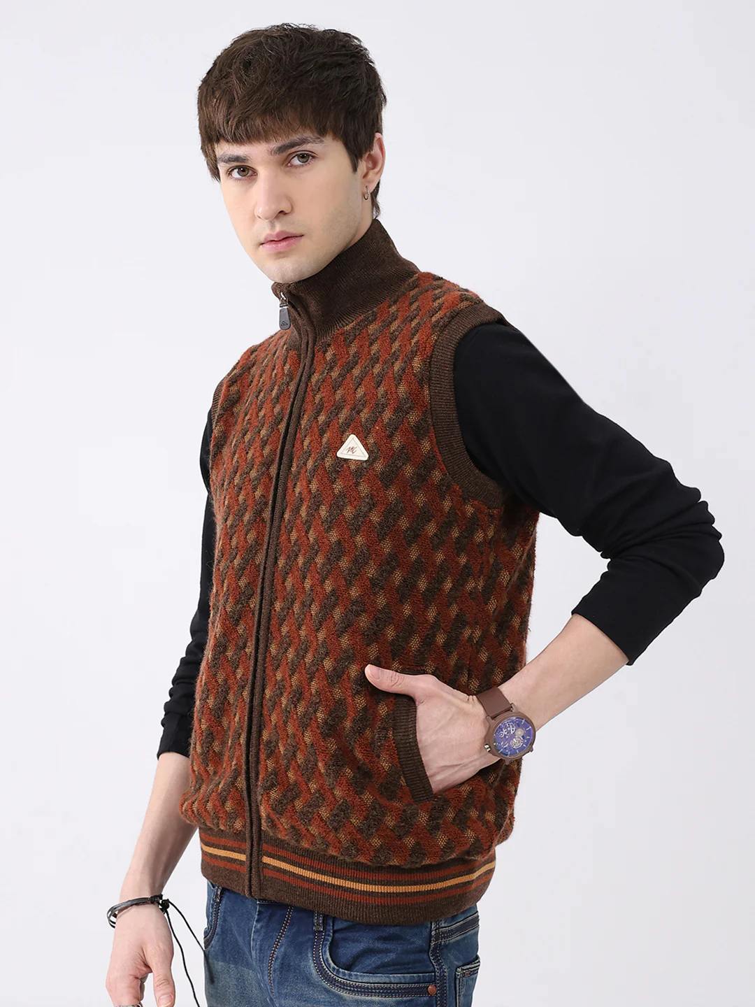 Men Brown Self Design Mock Neck Sleeveless Jacket - Image 3