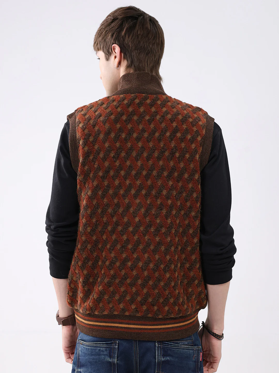 Men Brown Self Design Mock Neck Sleeveless Jacket - Image 5