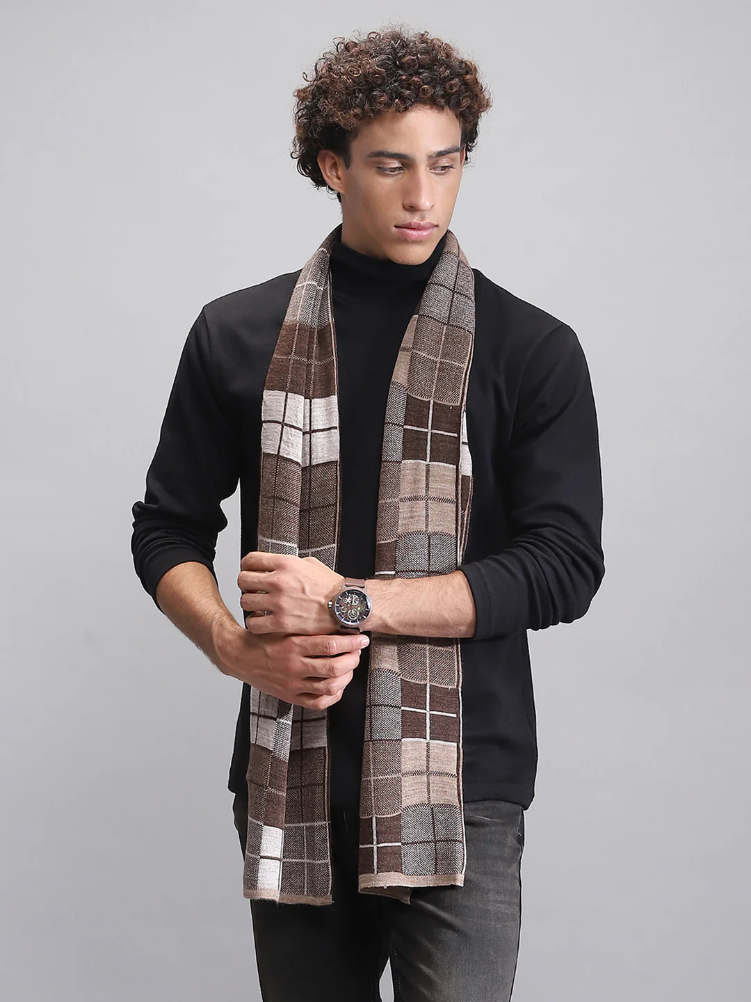 Men Brown Self Design Muffler - Image 5