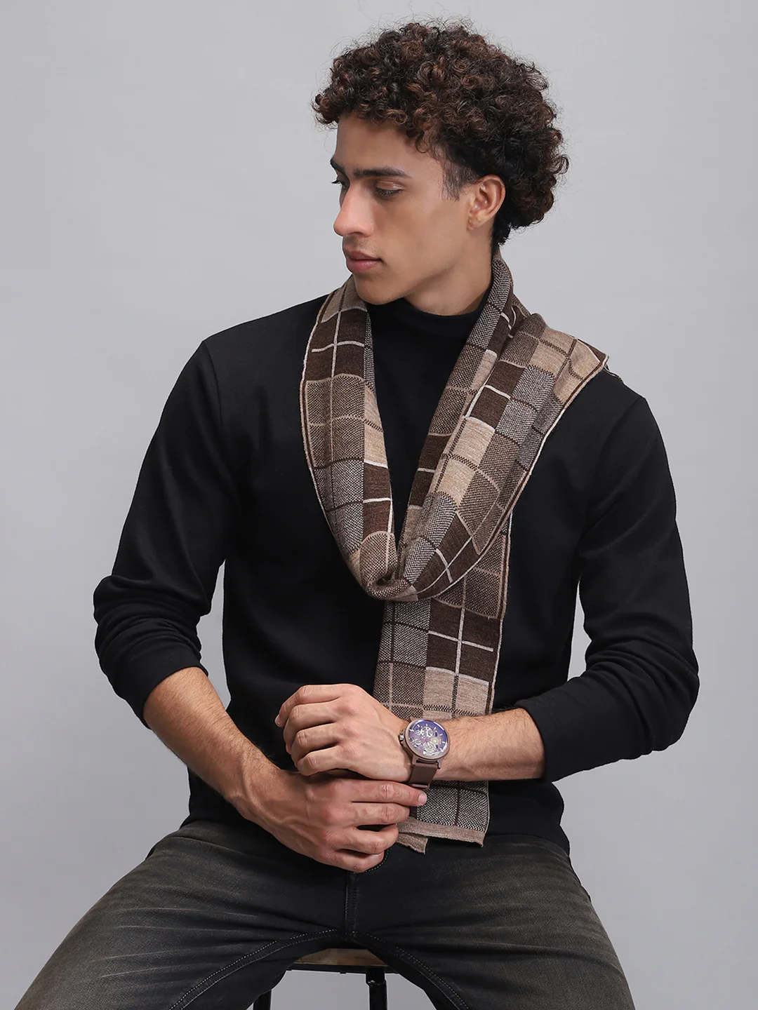 Men Brown Self Design Muffler - Image 6