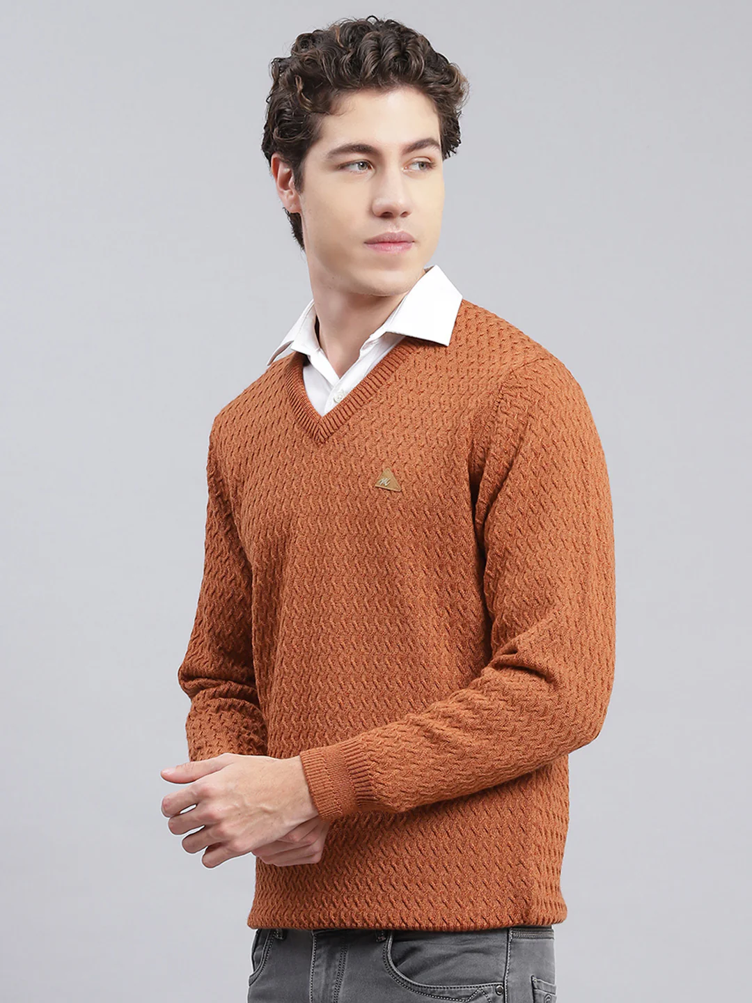 Men Brown Self Design Pure wool Pullover - Image 3