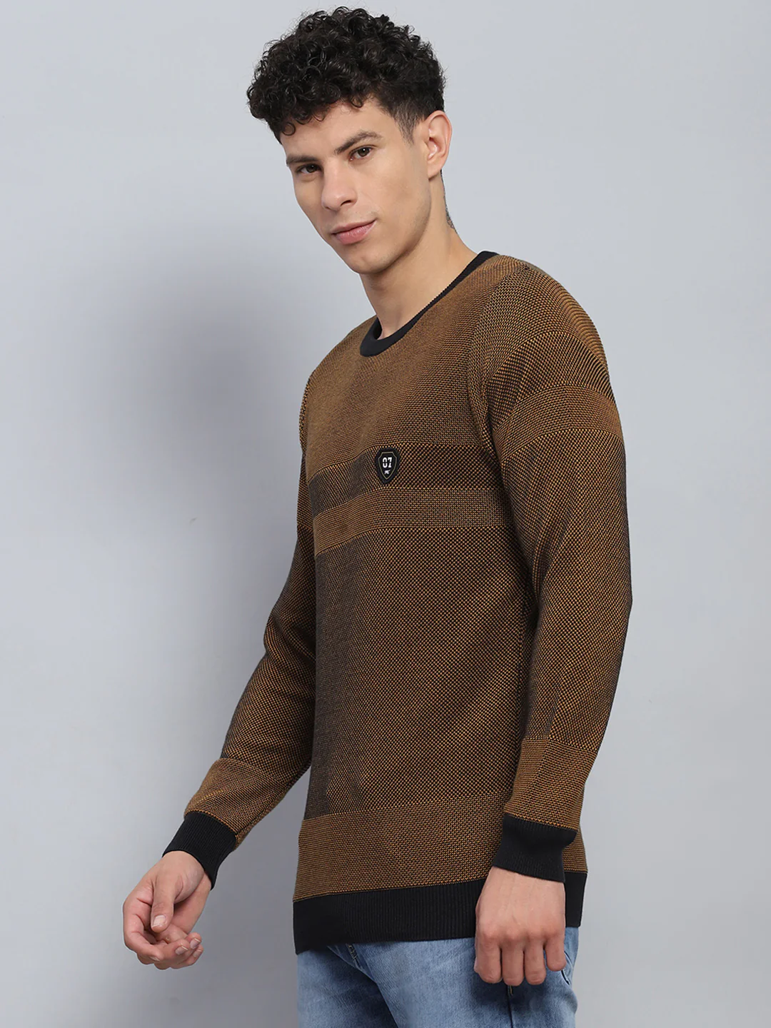 Men Brown Self Design Round Neck Full Sleeve Pullover - Image 3