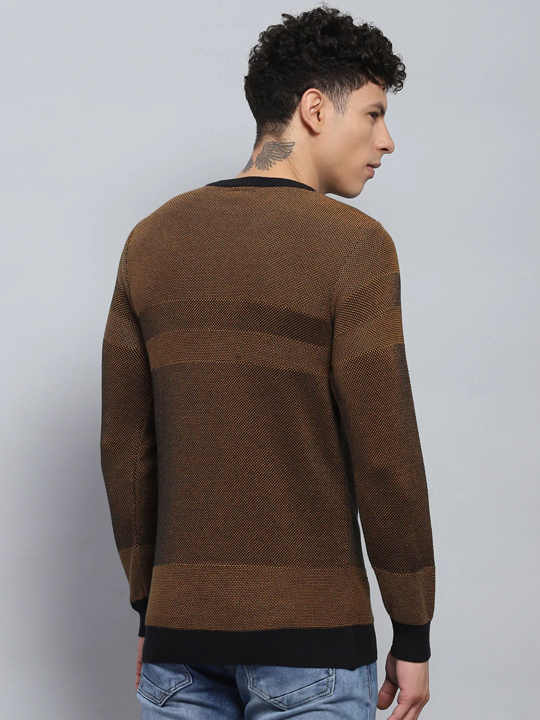 Men Brown Self Design Round Neck Full Sleeve Pullover - Image 5