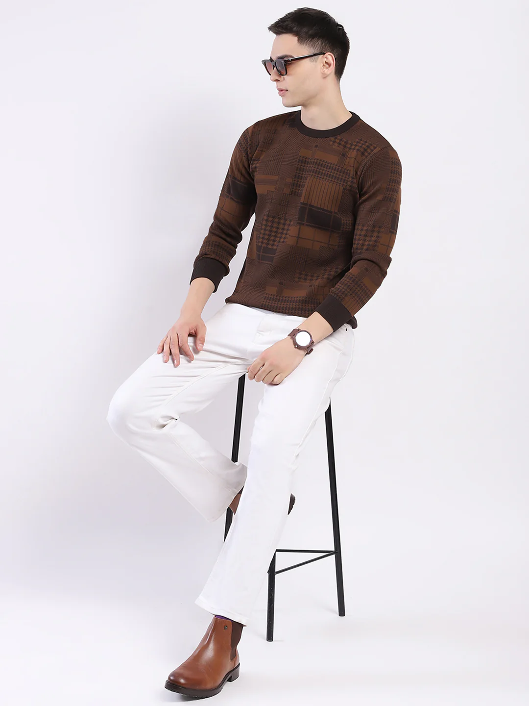 Men Brown Self Design Round Neck Full Sleeve Pullover - Image 2