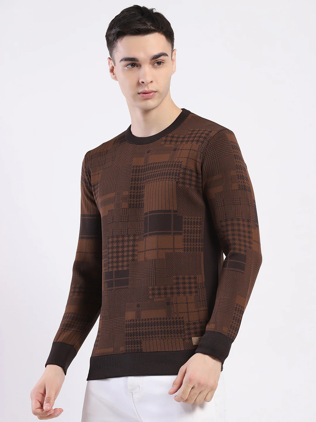 Men Brown Self Design Round Neck Full Sleeve Pullover - Image 3