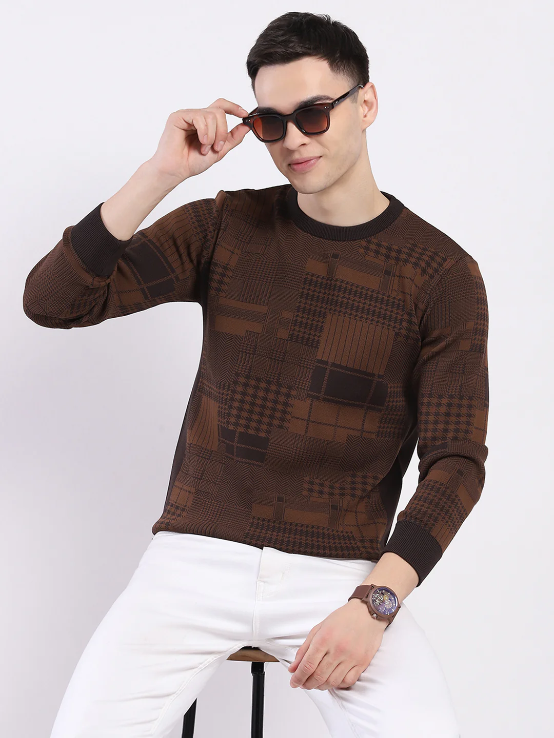 Men Brown Self Design Round Neck Full Sleeve Pullover - Image 6