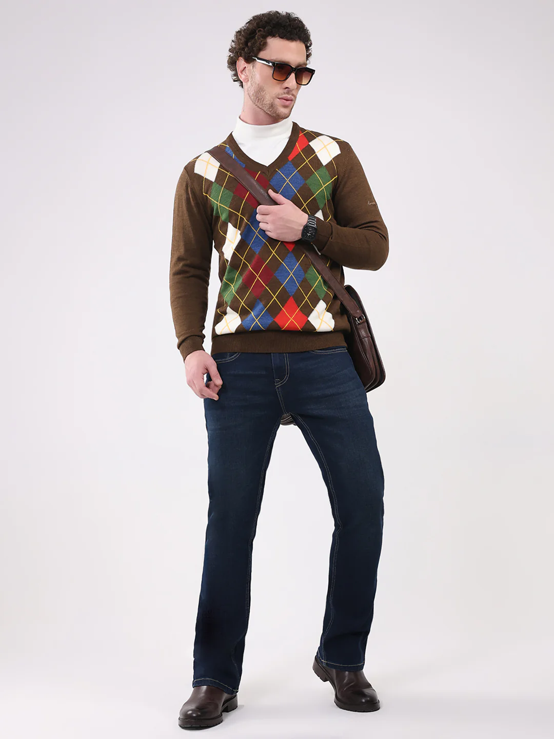 Men Brown Self Design V Neck Full Sleeve Pullover - Image 2