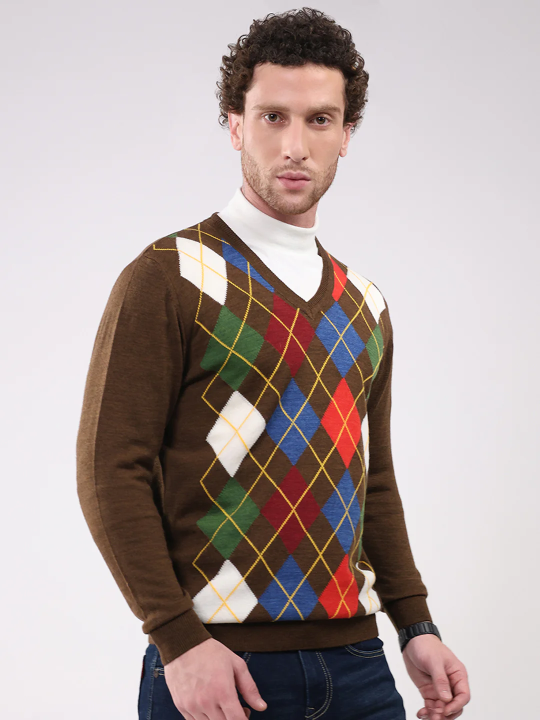 Men Brown Self Design V Neck Full Sleeve Pullover - Image 4