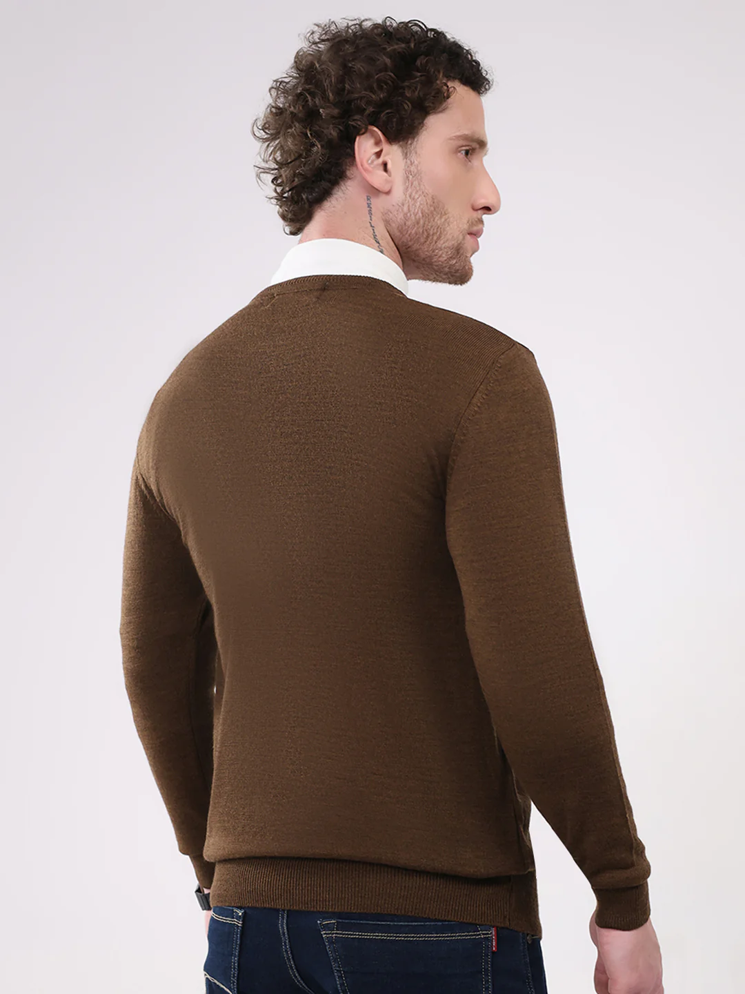 Men Brown Self Design V Neck Full Sleeve Pullover - Image 5