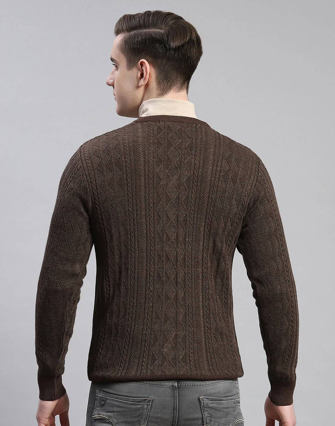 Men Brown Self Design V Neck Full Sleeve Pullover - Image 5