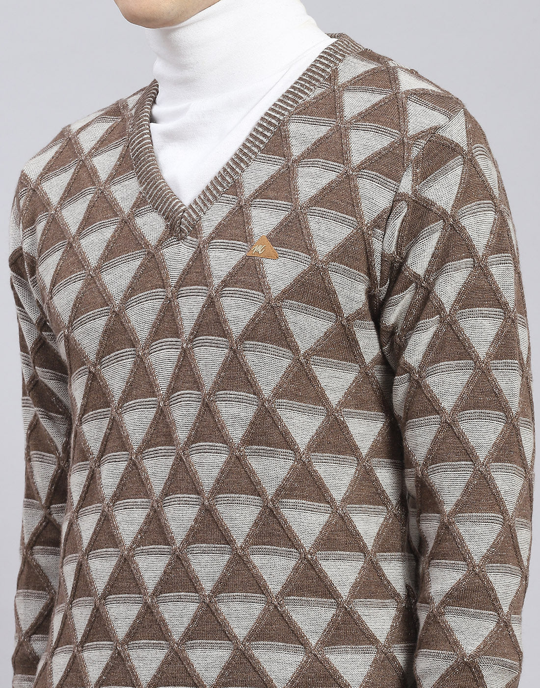 Men Brown Self Design V Neck Full Sleeve Pullover - Image 6