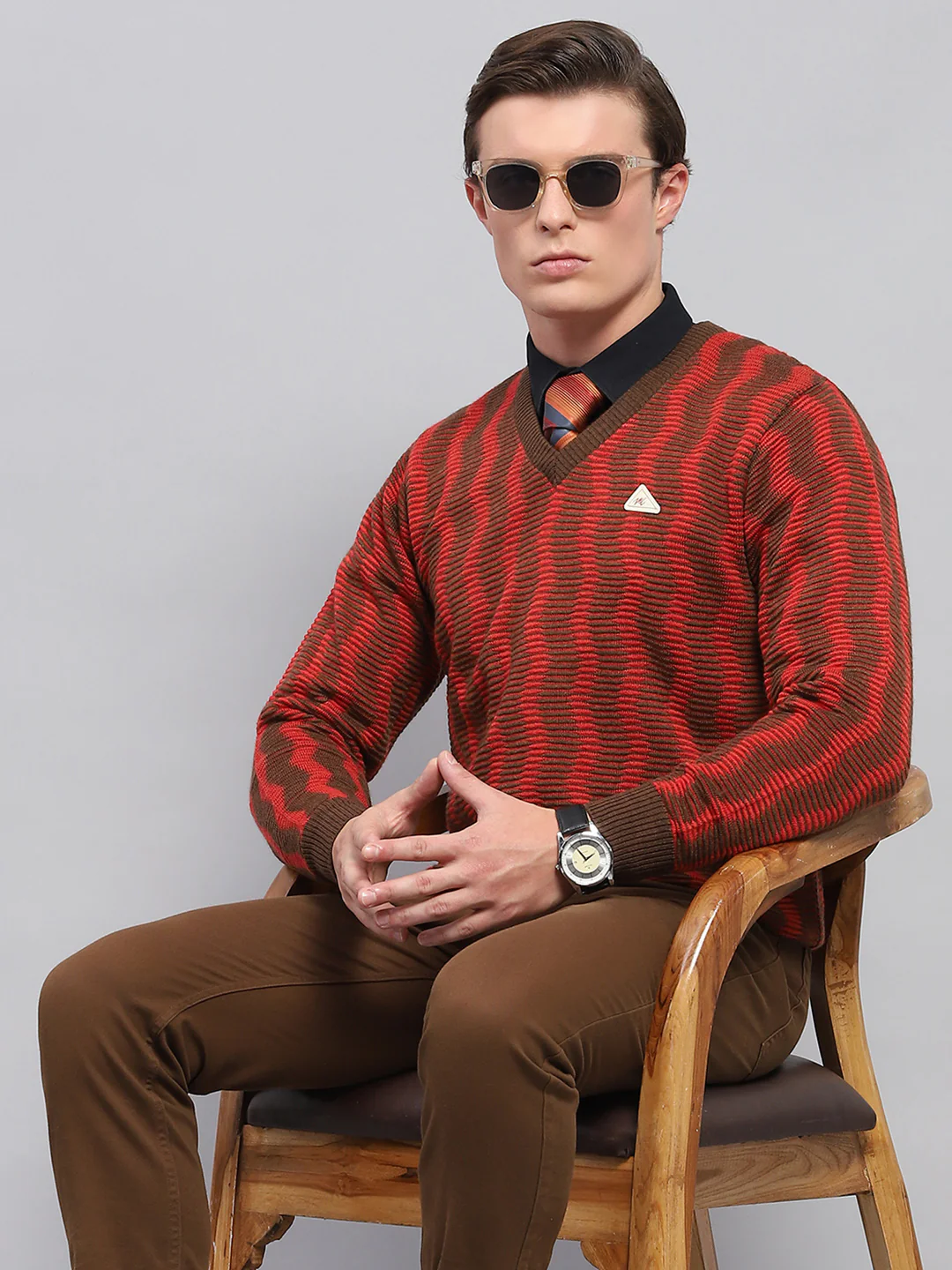 Men Brown Self Design V Neck Full Sleeve Pullover - Image 6