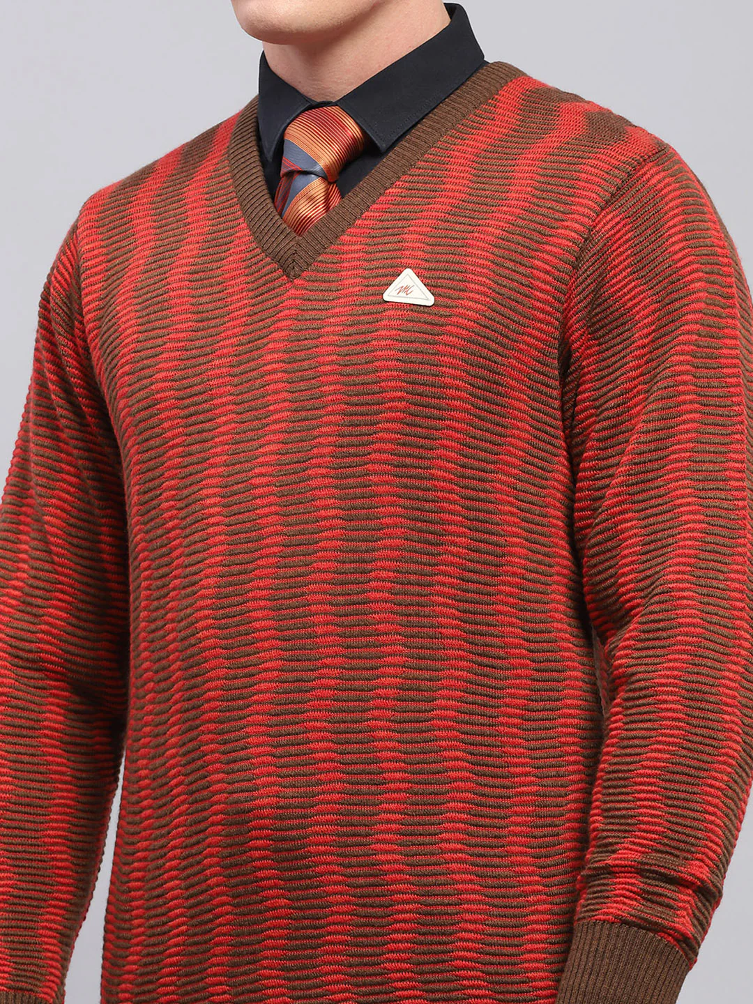 Men Brown Self Design V Neck Full Sleeve Pullover - Image 7