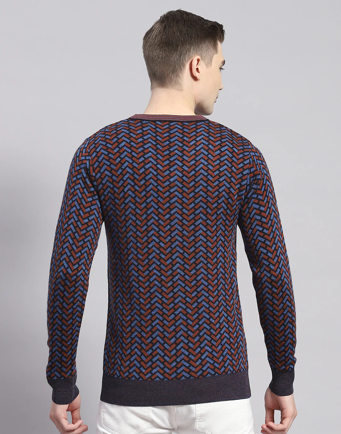 Men Brown Self Design V Neck Full Sleeve Pullover - Image 6