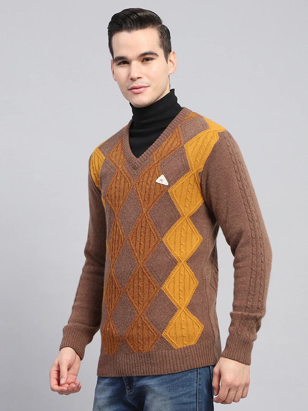 Men Brown Self Design V Neck Full Sleeve Pullover - Image 3