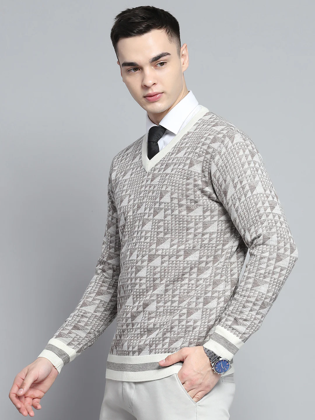 Men Brown Self Design V Neck Full Sleeve Pullover - Image 3