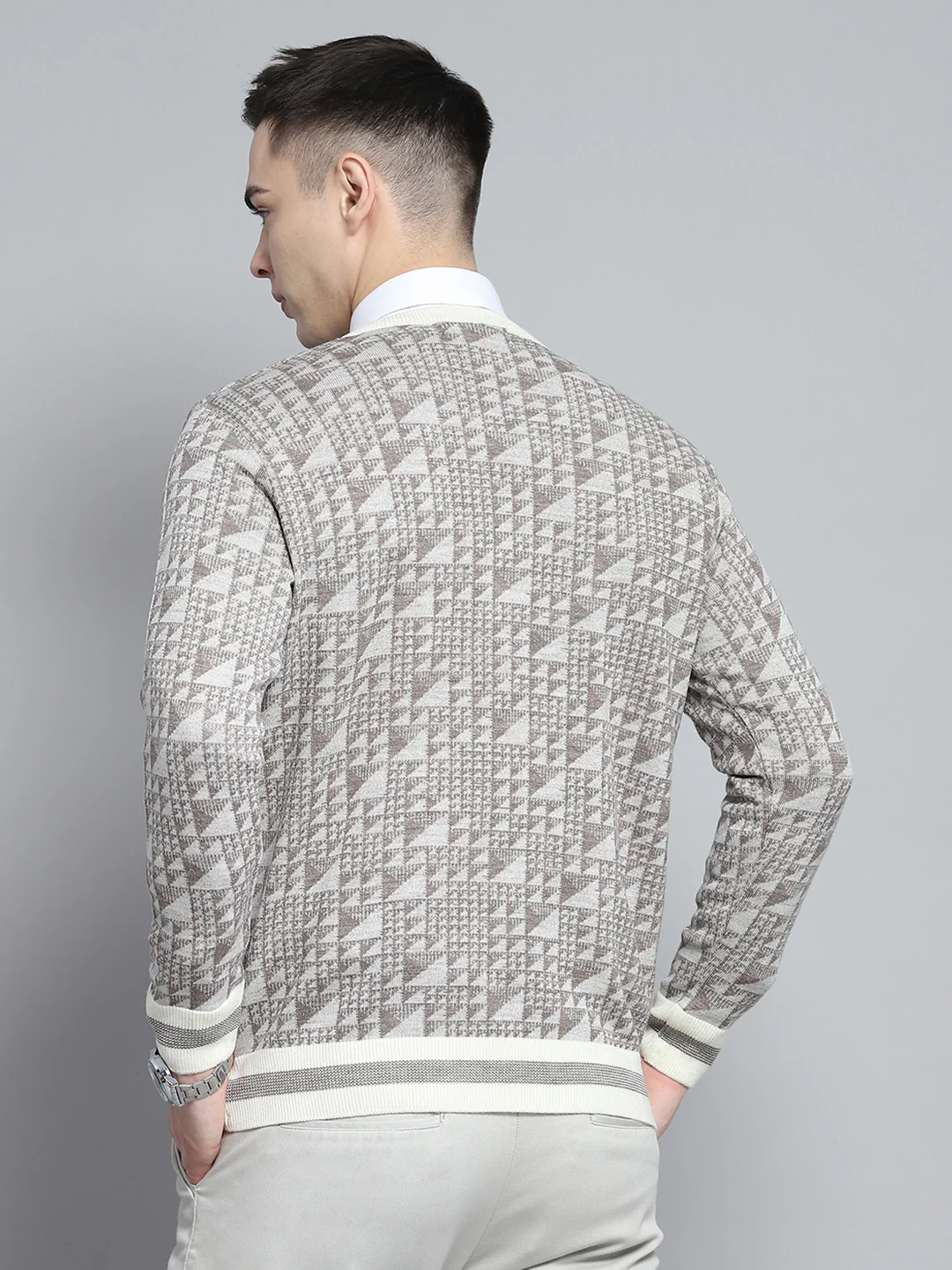 Men Brown Self Design V Neck Full Sleeve Pullover - Image 5