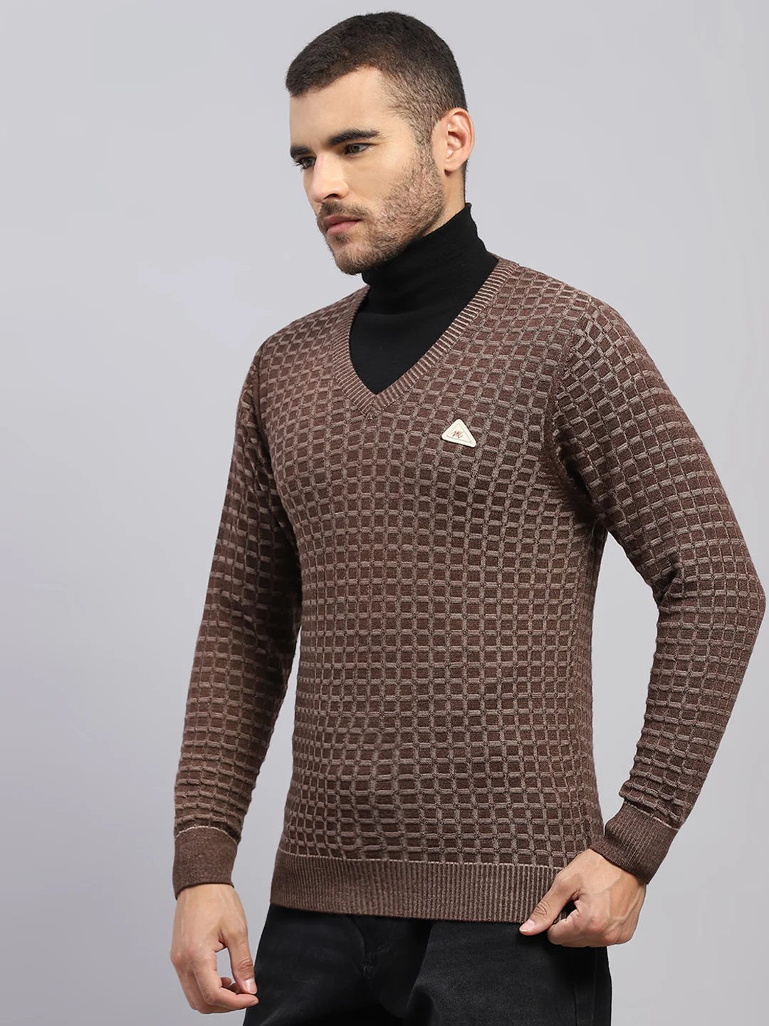 Men Brown Self Design V Neck Full Sleeve Pullover - Image 3