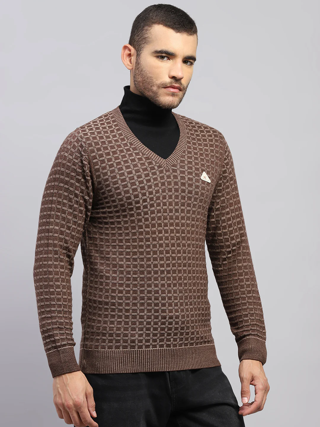 Men Brown Self Design V Neck Full Sleeve Pullover - Image 4