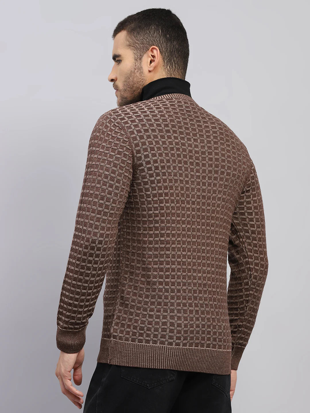Men Brown Self Design V Neck Full Sleeve Pullover - Image 5