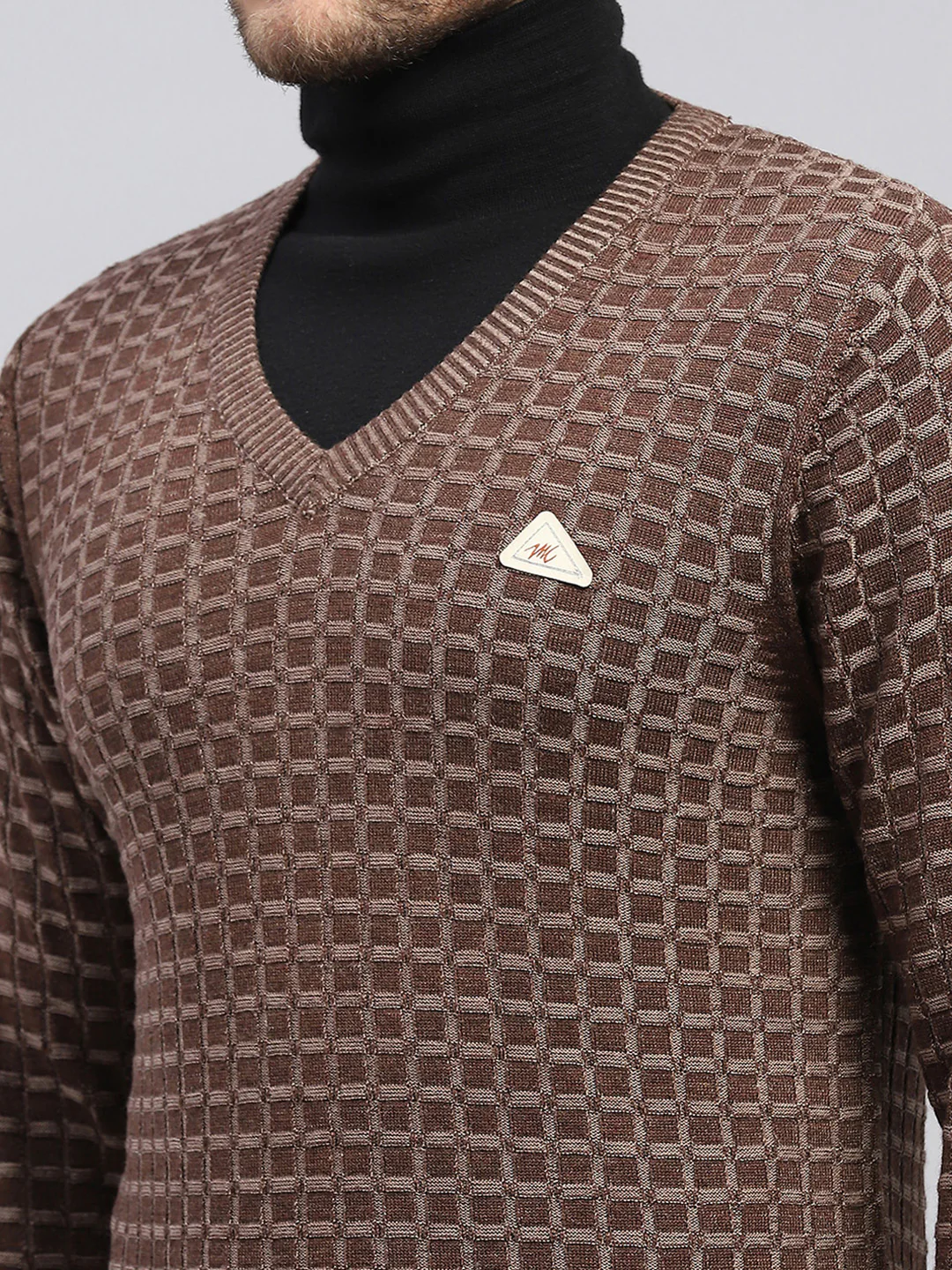 Men Brown Self Design V Neck Full Sleeve Pullover - Image 6