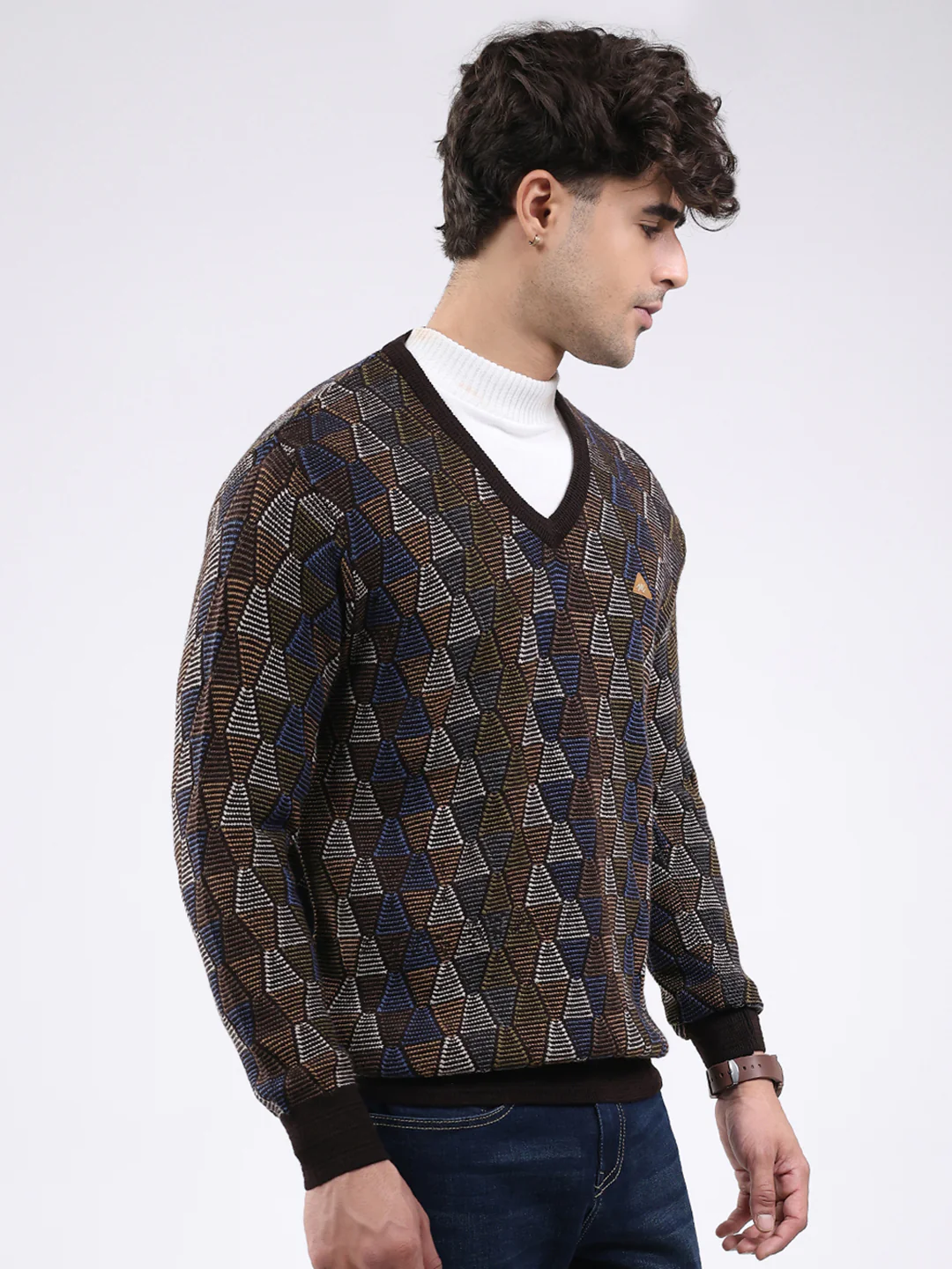 Men Brown Self Design V Neck Full Sleeve Pullover - Image 4