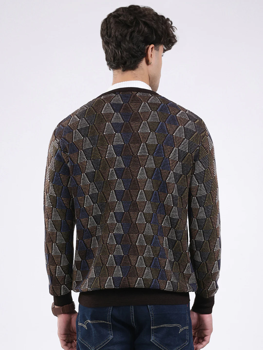 Men Brown Self Design V Neck Full Sleeve Pullover - Image 5