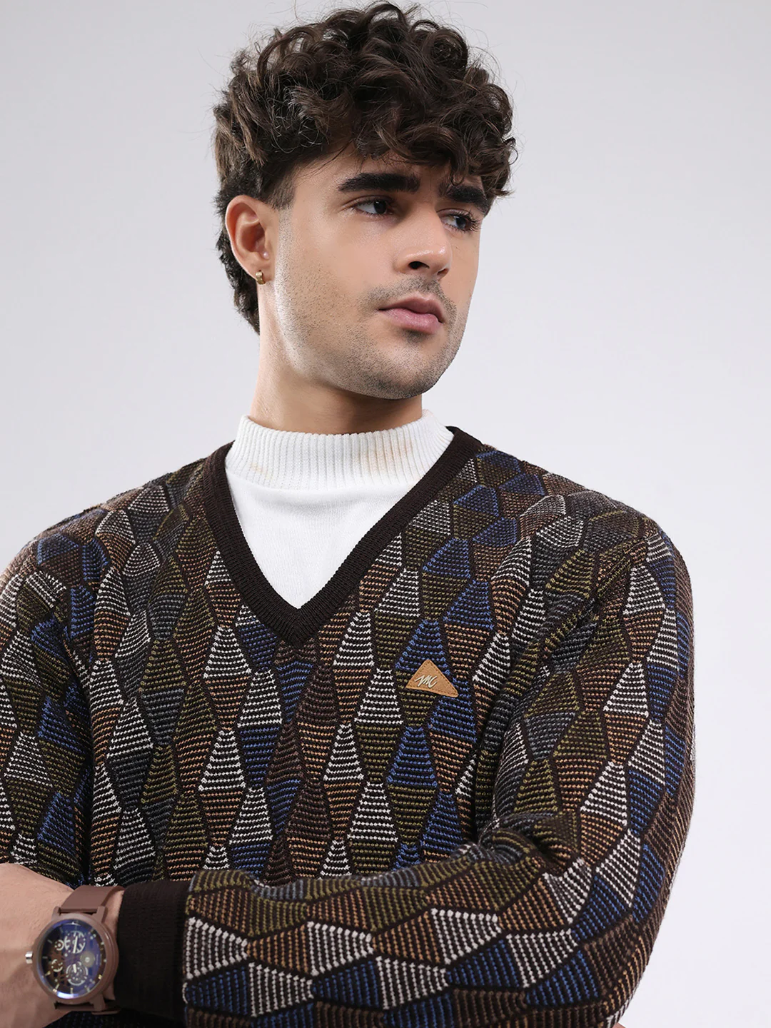 Men Brown Self Design V Neck Full Sleeve Pullover - Image 7