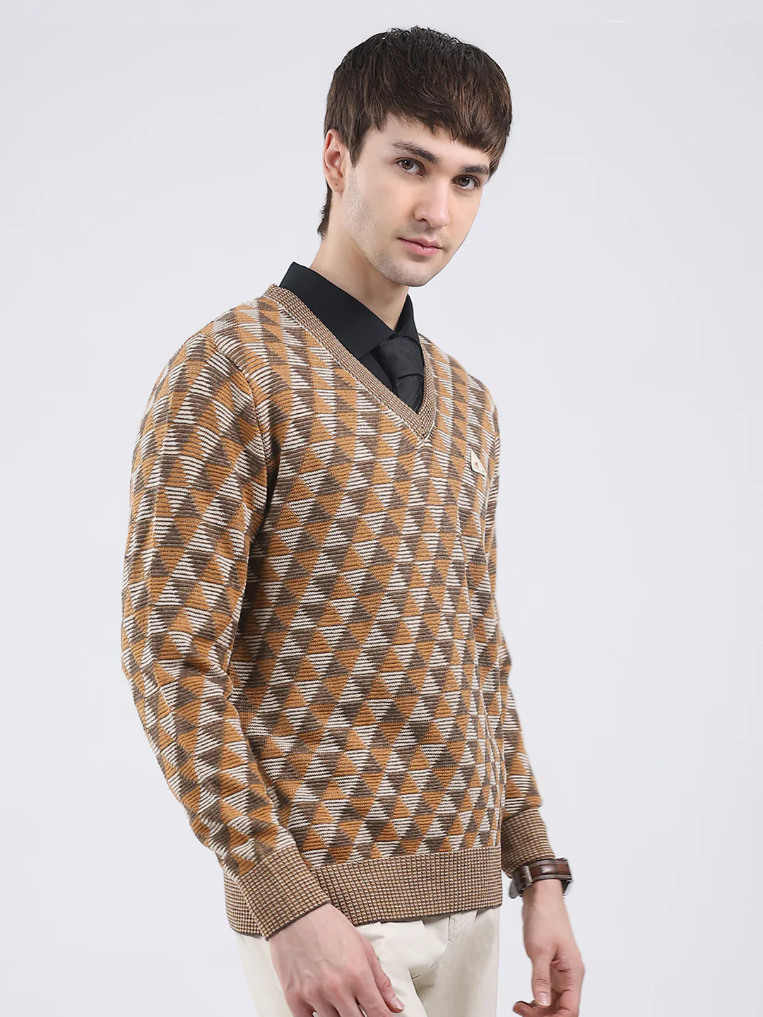 Men Brown Self Design V Neck Full Sleeve Pullover - Image 4