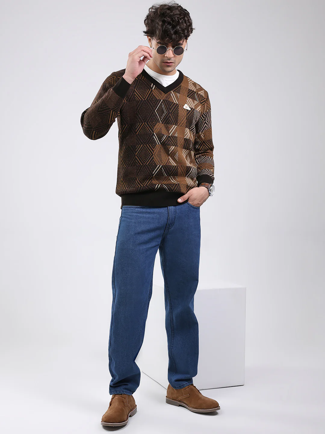 Men Brown Self Design V Neck Full Sleeve Pullover - Image 2