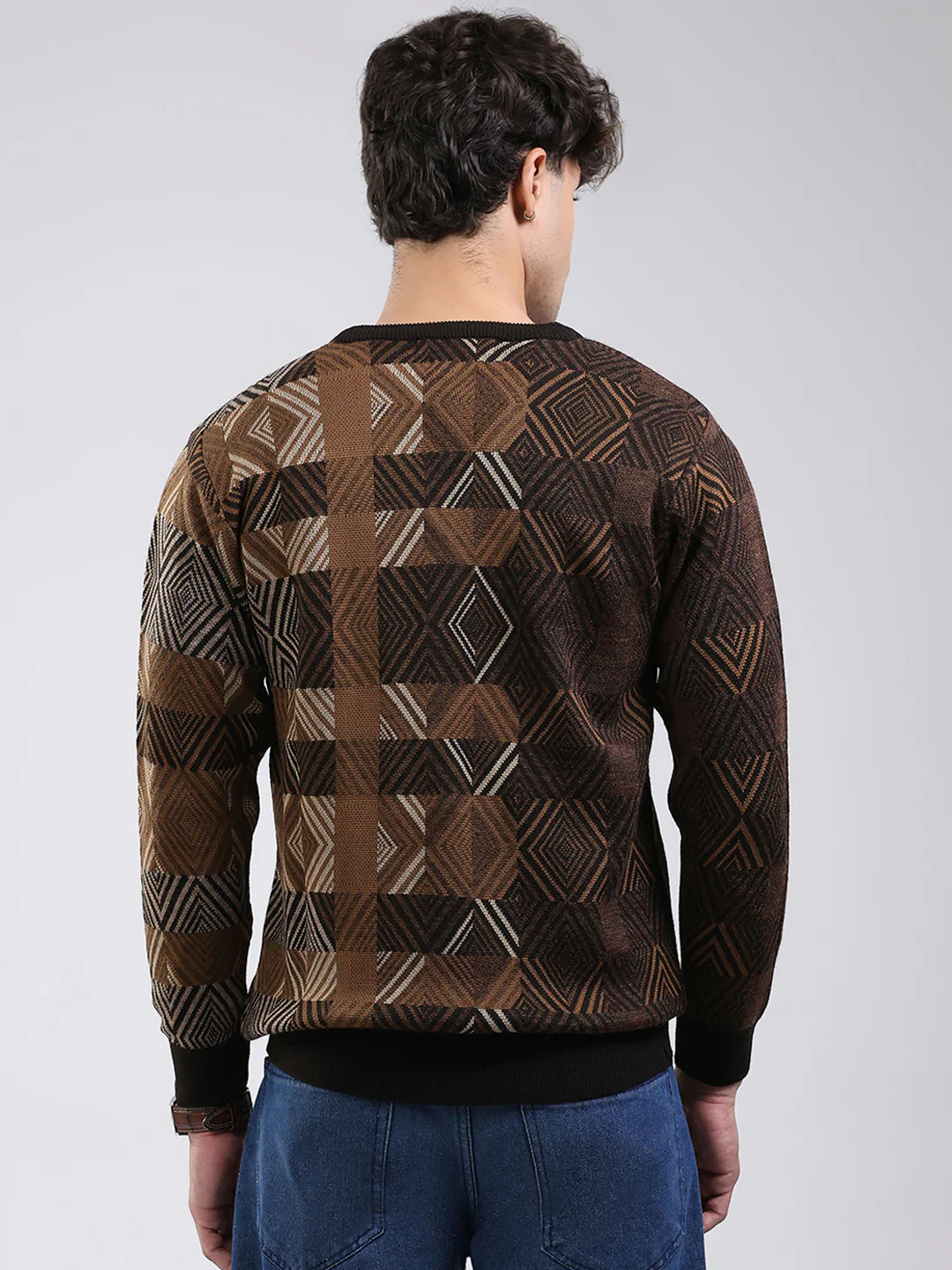 Men Brown Self Design V Neck Full Sleeve Pullover - Image 5