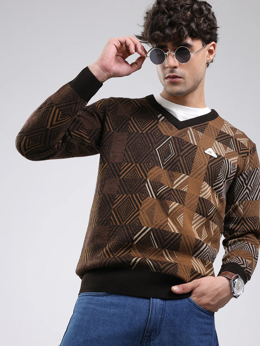 Men Brown Self Design V Neck Full Sleeve Pullover - Image 6