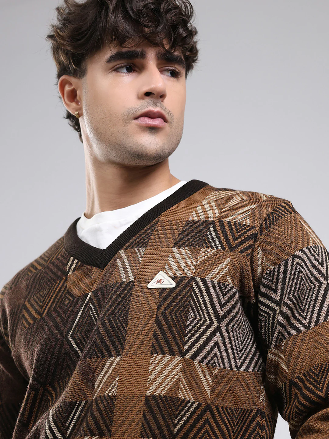 Men Brown Self Design V Neck Full Sleeve Pullover - Image 7