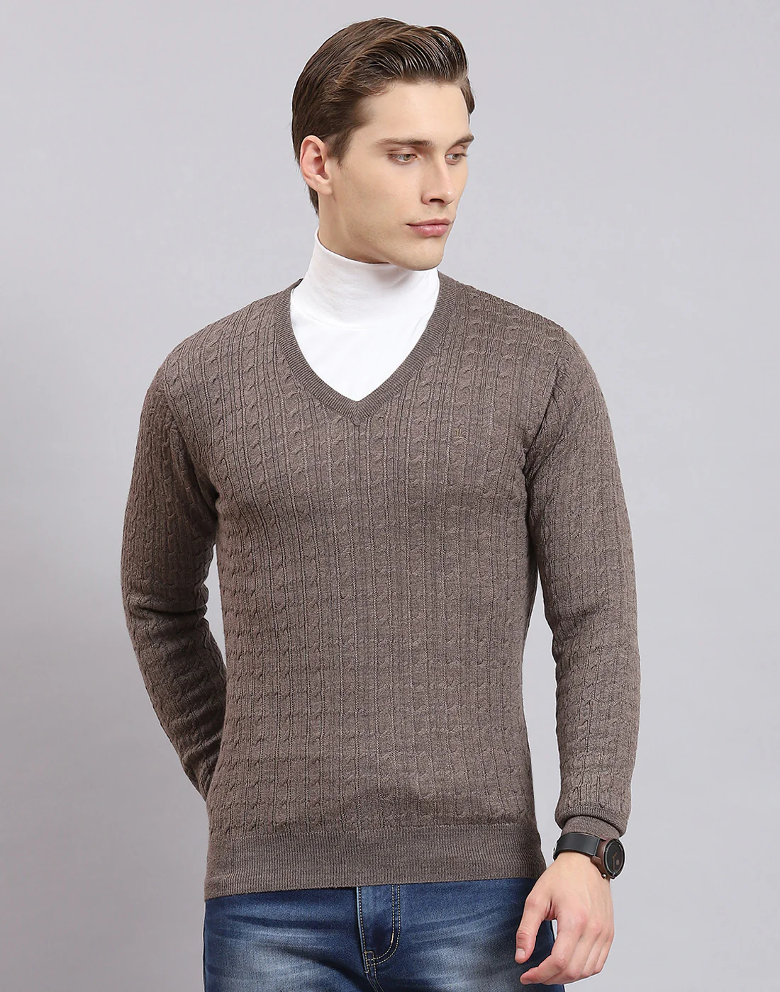 Men Brown Self Design V Neck Full Sleeve Sweater - Image 2