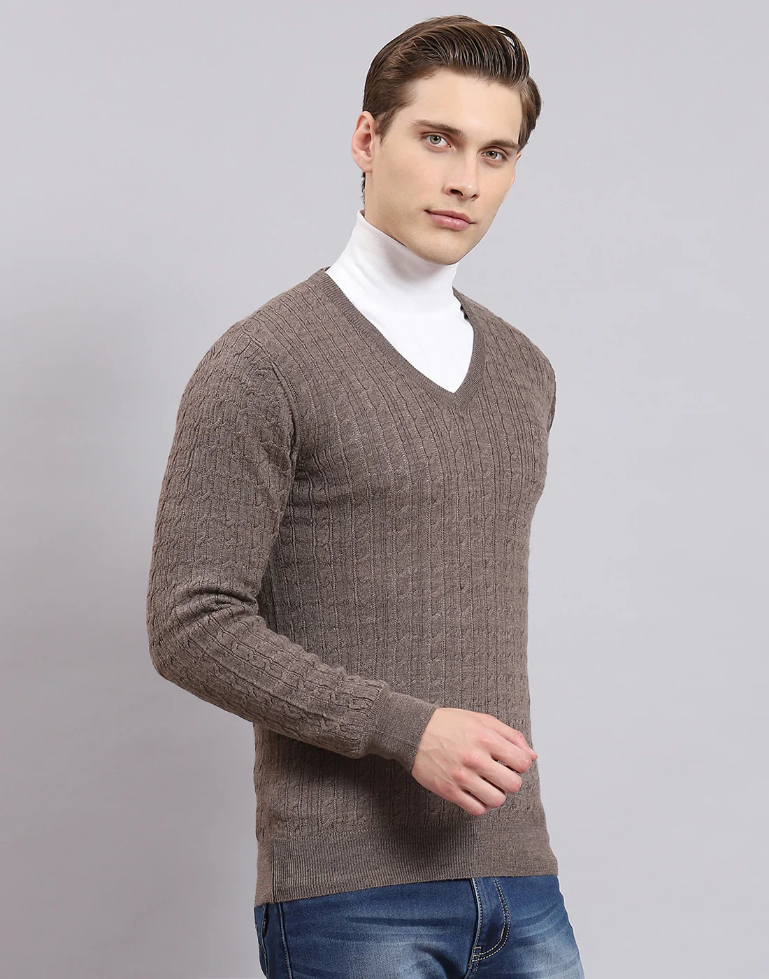 Men Brown Self Design V Neck Full Sleeve Sweater - Image 4