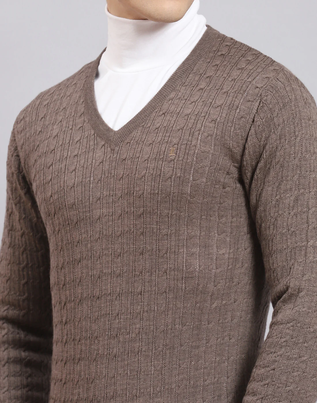 Men Brown Self Design V Neck Full Sleeve Sweater - Image 7