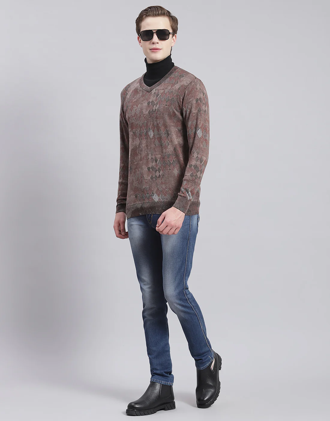 Men Brown Self Design V Neck Full Sleeve Sweater - Image 2