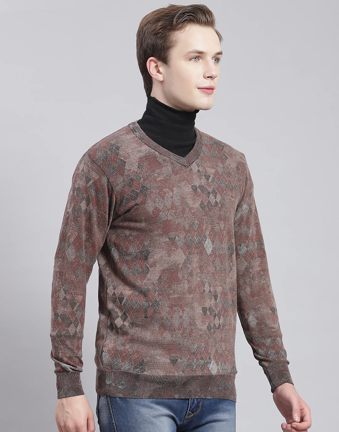 Men Brown Self Design V Neck Full Sleeve Sweater - Image 4