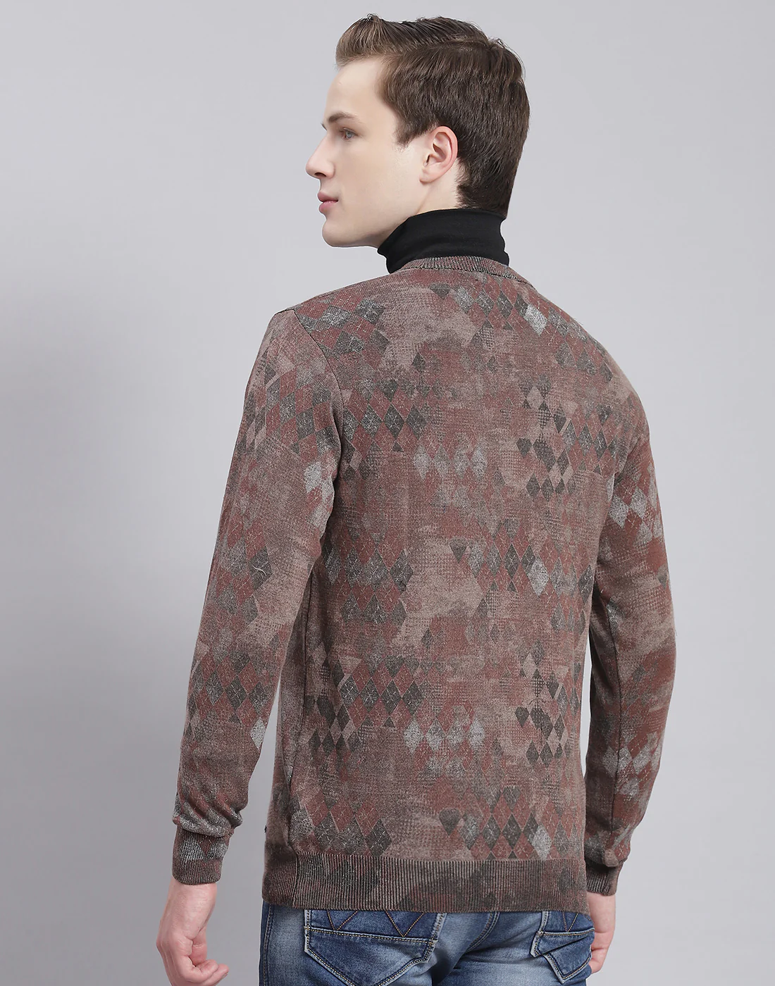 Men Brown Self Design V Neck Full Sleeve Sweater - Image 5