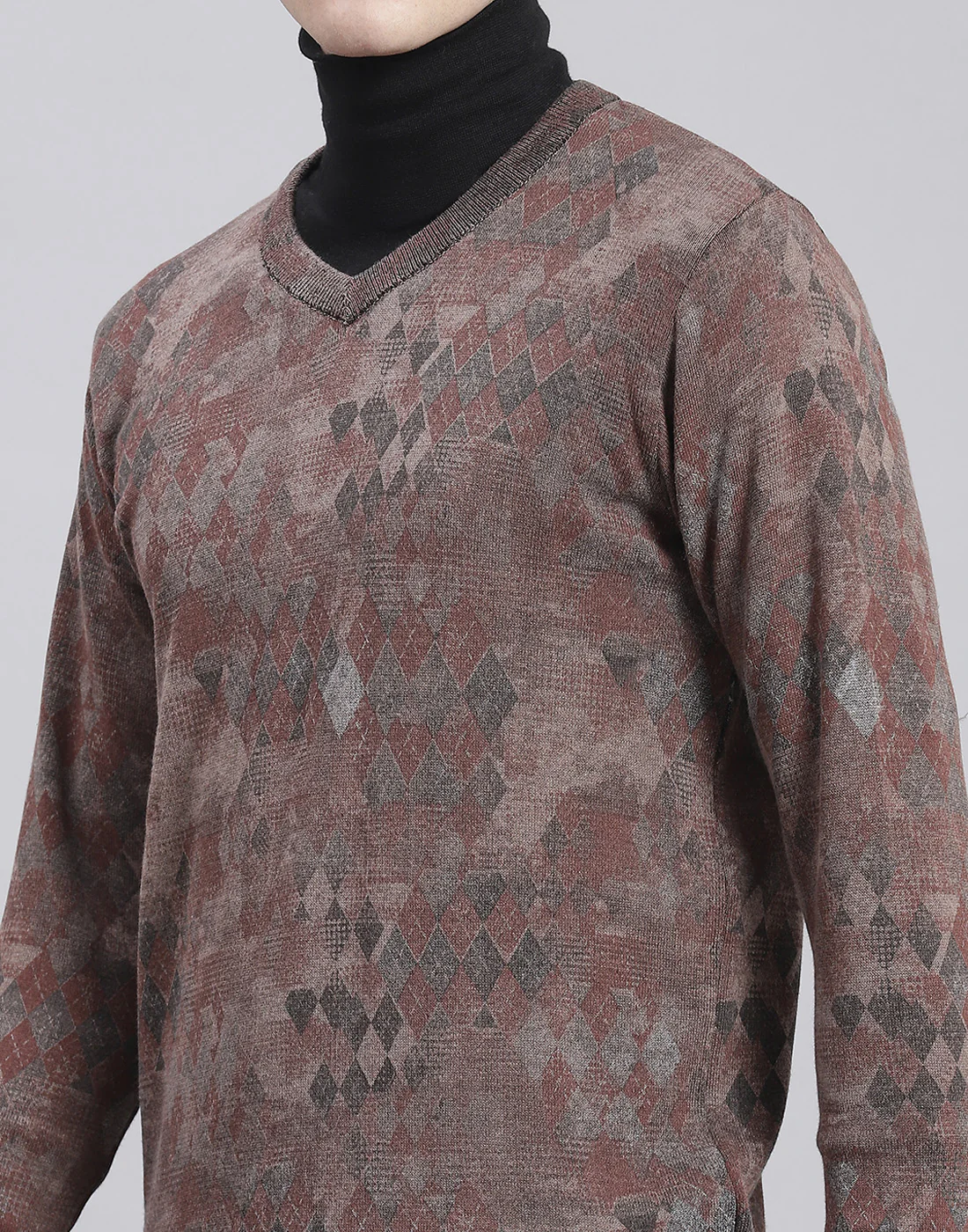 Men Brown Self Design V Neck Full Sleeve Sweater - Image 6