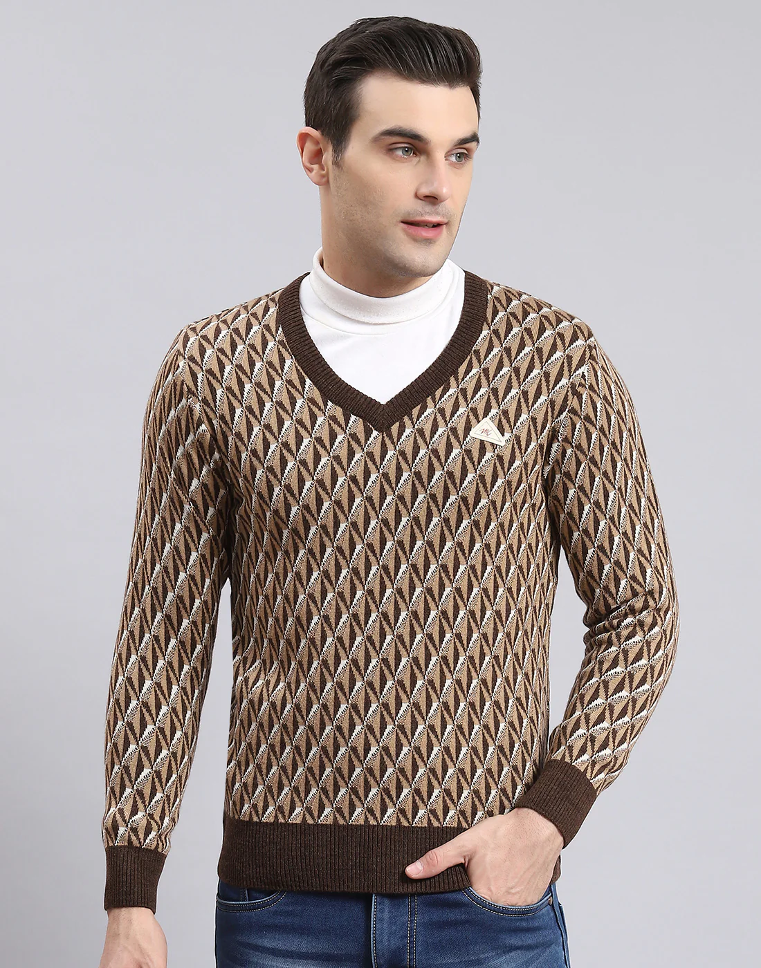 Men Brown Self Design V Neck Full Sleeve Sweater - Image 3